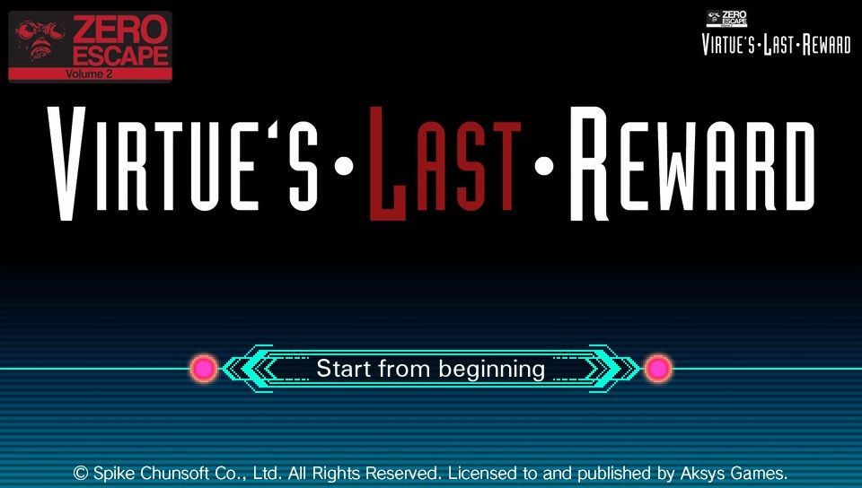 Zero Escape: Virtues Last Reward title screen for Playstation Vita