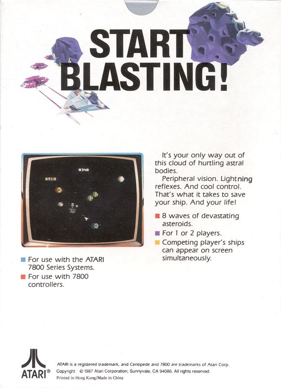 Asteroids box art for Atari 7800