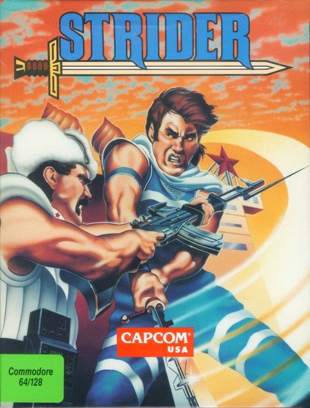 Strider box art for Commodore 64
